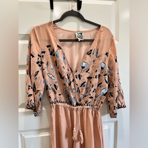 JAASE Jumpsuit Pale Pink Blue Flutter Sleeve Wide Leg Drawstring Tassel Hippie. - Picture 4 of 7